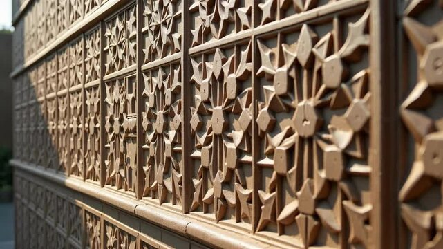 A detailed macro shot reveals the artistic beauty of Islamic geometric patterns on a wall under soft lighting focusing on symmetry in stunning 4k resolution.