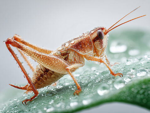 Close-up of a cricket on a leaf with water droplets