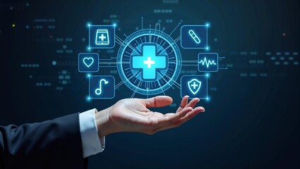 Digital healthcare innovation and future medical technology with virtual interface icons above open hand on blue background