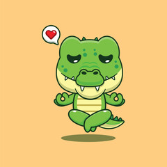 Obraz premium Cute crocodile doing meditation yoga cartoon vector illustration