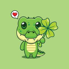 Cute crocodile with clover leaf cartoon vector illustration