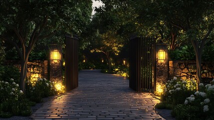 Obraz premium Evening gateway welcomes with warm illumination amid a lush, tranquil garden scene and inviting stone path.