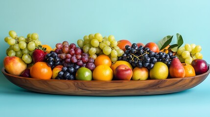 Assorted fresh fruits featuring vibrant colors and textures beautifully arranged in a wooden bowl against a light blue background