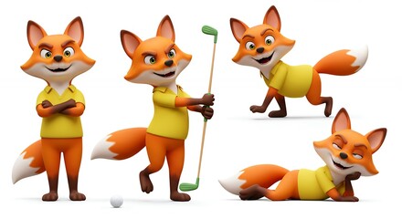Obraz premium Cartoon foxes playing golf