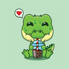 Cute crocodile drink bubble milk tea cartoon vector illustration