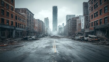 Desolate city street after disaster, ruined buildings, and a modern skyscraper in the background. Possible use disaster movie poster