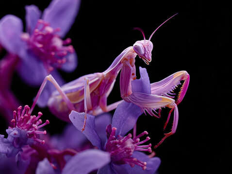 Orchid Mantis perched on a vibrant purple flower closeup photography