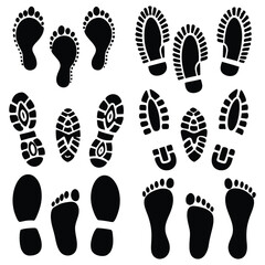 Footprint trail shows bare foot steps alongside shoe prints in vector silhouette illustration isolated on white