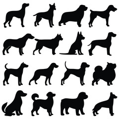 Diverse dog breeds represented in a collection of black silhouette illustrations, perfect for animal lovers.