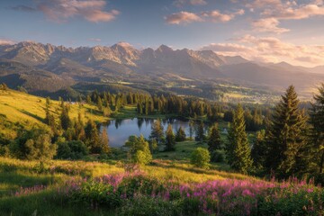 Serene sunrise over a mountain lake, nestled in a verdant valley, wildflowers blooming in the foreground, majestic peaks in the background