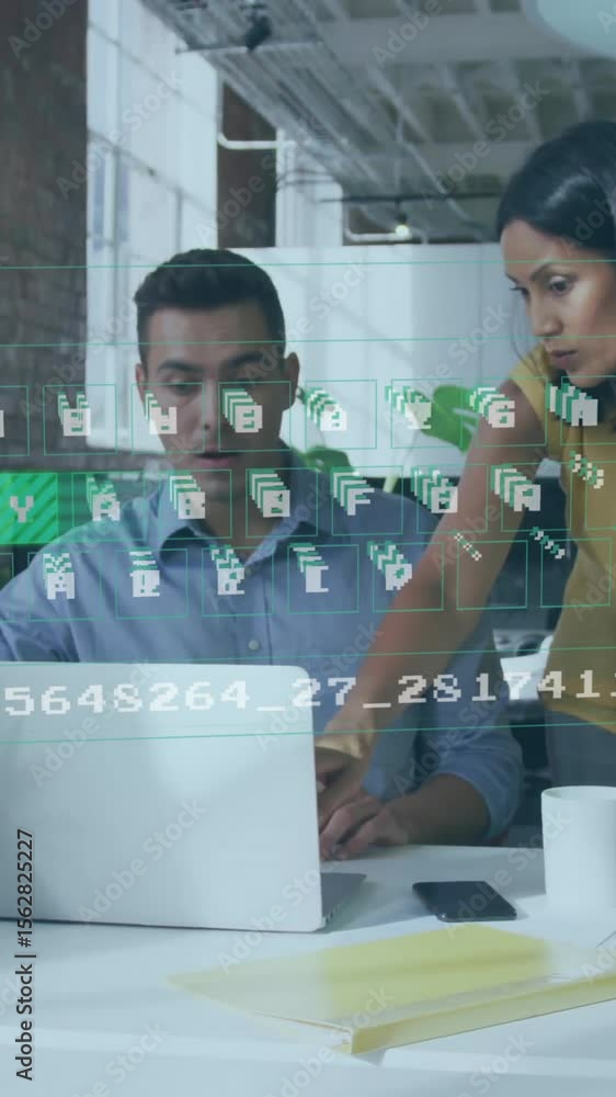 Aufkleber animation of illuminating pattern on keyboard, numbers over diverse coworkers discussing in office