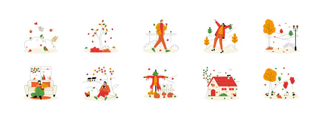 Fall season illustration set. Flat vector illustrations.