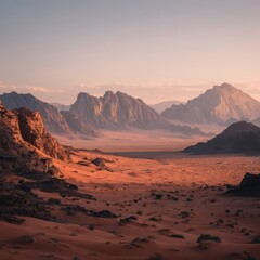 Naklejka premium Soft light bathes a vast, sandy desert landscape, punctuated by rocky, layered mountains in the distance under a pale sky