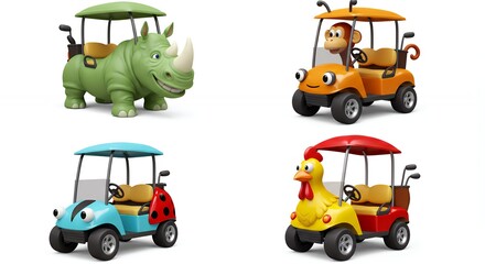 Four cartoon animal golf carts
