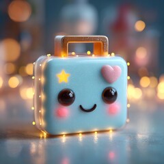 Cute Kawaii Style Suitcase Character Surrounded by Bokeh Lights