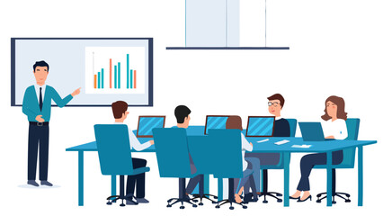 Presentation of graph on whiteboard to a group of people sitting at a long table with laptops