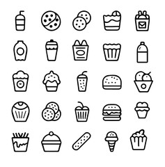 Fast Food and Dessert Icons Black Line Art Set Design