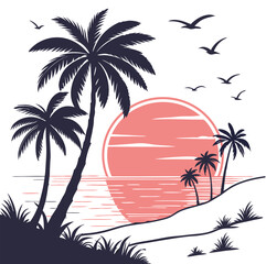 Silhouette Palm Trees Tropical Sunset Beach Scene Design
