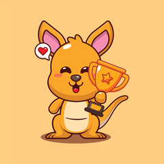 Cute kangaroo holding gold trophy cup cartoon vector illustration