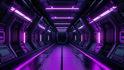 Futuristic corridor bathed in vibrant purple neon light. Dark, metallic walls with intricate paneling. Perspective extends into a distant, dark central area