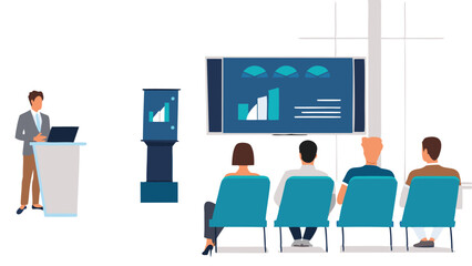 Presentation scene featuring a speaker at a podium with an audience and display screens showing graphs