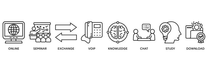 E-learning icon set vector illustration concept relate to online, seminar, exchange, voip, knowledge, chat, study and download