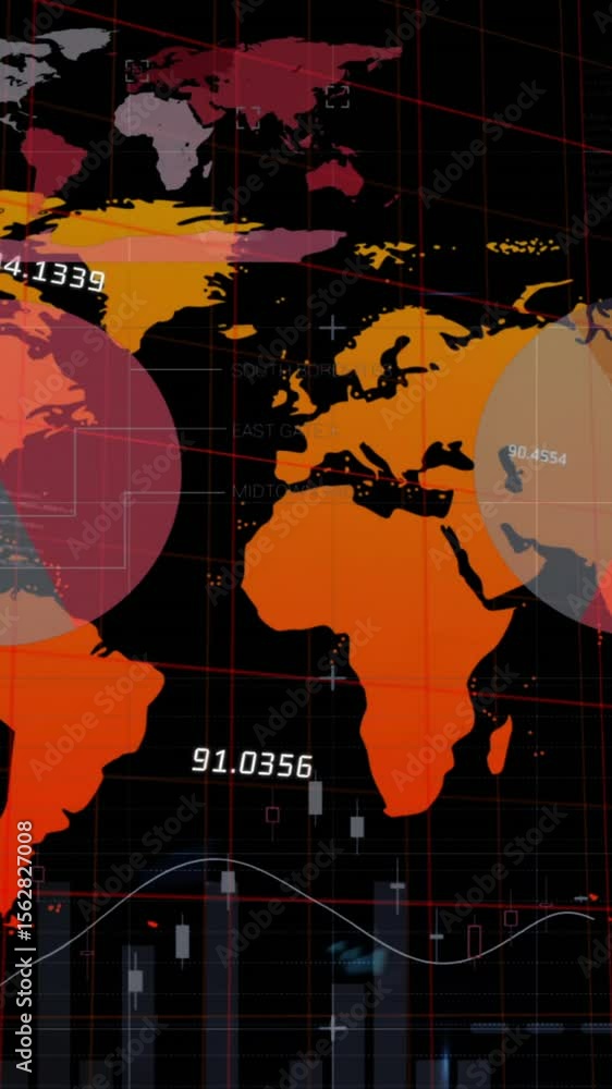 Poster animation of multicolored infographic interface and map against black background