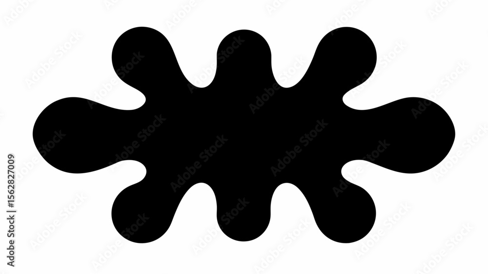 Poster black ink blot with rounded edges and multiple protrusions on a white background, symmetrical shape