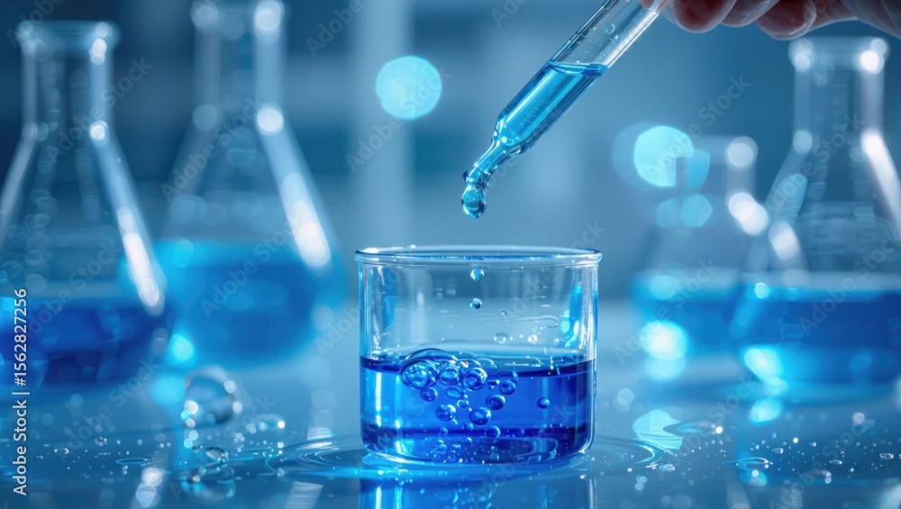 Poster close up of a hand using a pipette to add blue liquid to a beaker in a laboratory setting