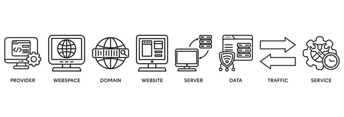 Web hosting icon set vector illustration concept relate to provider, webspace, domain, website, server, data, traffic and service