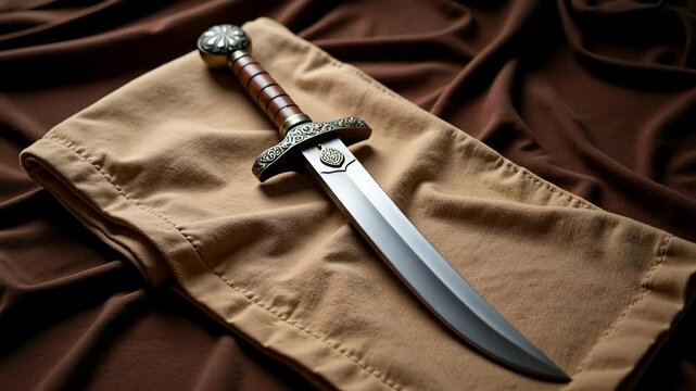 Sikh kirpan rests on soft cloth in a respectful display, filmed in 4k, showcasing religious symbolism and a centered composition with gentle shadows