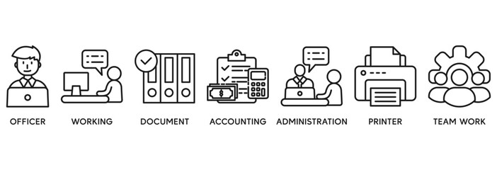 Office work icon set vector illustration concept relate to officer, working, document, accounting, administration, printer, teamwork