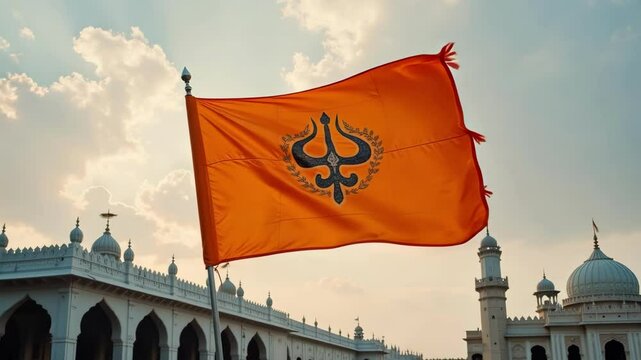 Sikh Nishan Sahib flag gracefully flutters in slow motion against a cloudy sky with a traditional temple visible in the background showcasing a vibrant red and blue contrast.