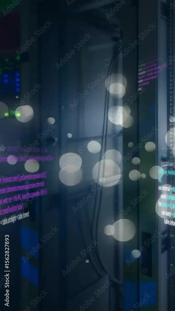 Poster animation of data processing and light spots over server room on black background