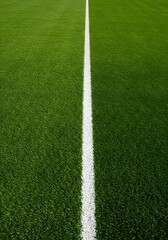 Obraz premium a well-maintained green grass field with a thick white line running horizontally across the center. wallpaper, Thick horizontal white painted line is running across green grass turf in flat vector