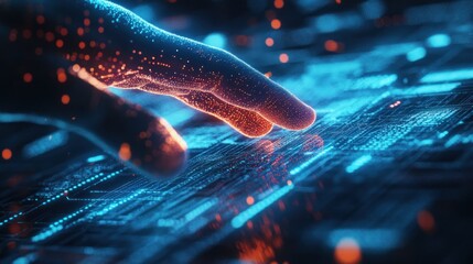 Futuristic hand interacts with glowing interface