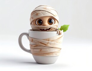 3D mummy icon peeking from inside a mug or cup, adorable Halloween style, white or blurry background