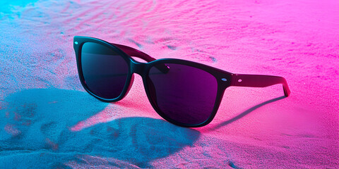 Trendy Black Sunglasses on Colorful Neon Sand Under Pink and Blue Lights

