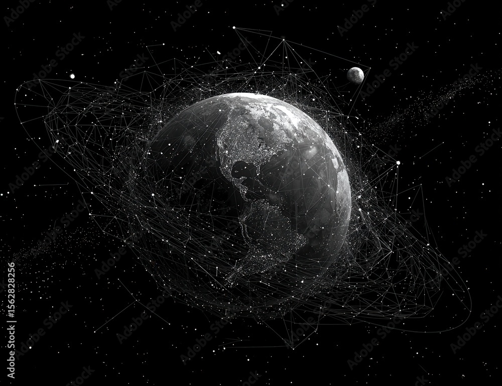 Poster Monochromatic Earth encircled by a complex network of interconnected lines, suggesting global communication or connectivity, set against a backdrop of stars and celestial bodies