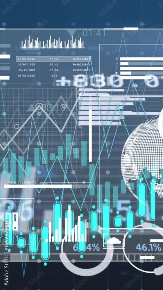 Poster animation of financial data processing over grid and dark background