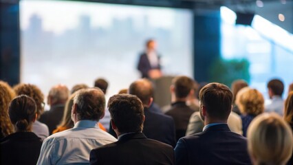 Soft focus crowd watching high-tech presentation at professional seminar event