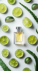 A flat lay composition of fresh limes, aloe vera leaves, and a perfume bottle on a white background.  