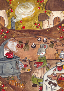 Illustration of a mouse cooking at home
