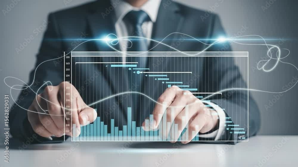 Poster businessman interacting with digital chart and graph overlay for data analysis and planning