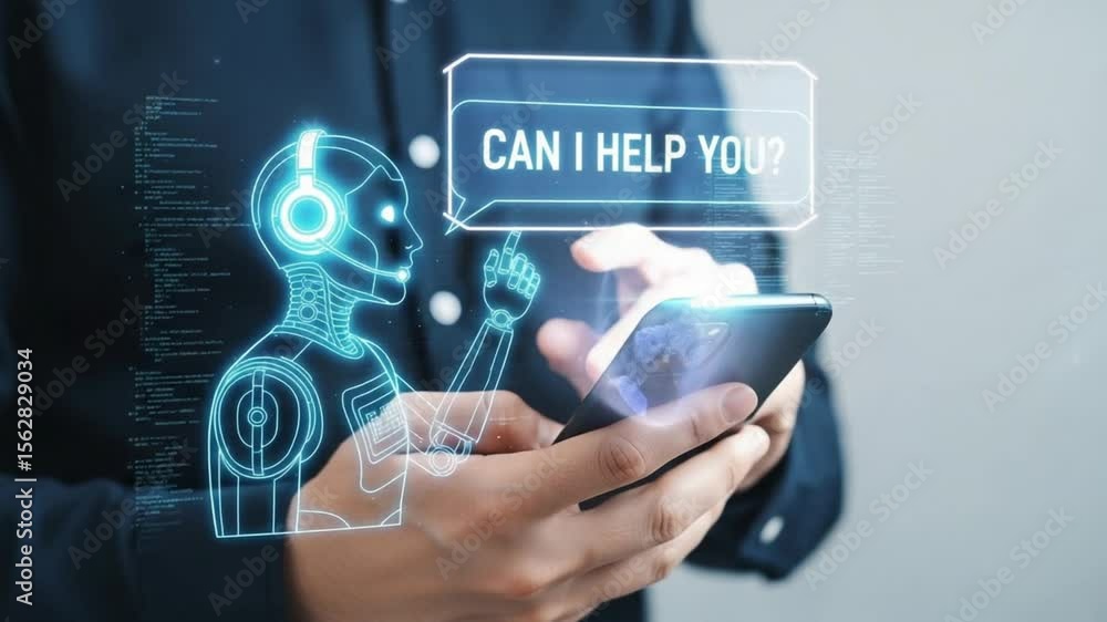 Poster person holding phone with ai assistant overlay and speech bubble saying can i help you displayed on 