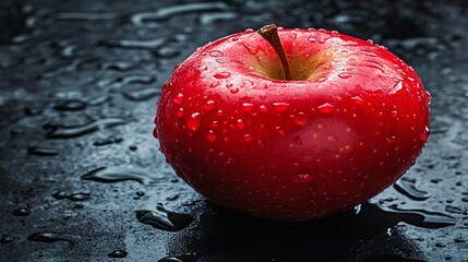 Red Apple, Water Drops, Dark Background