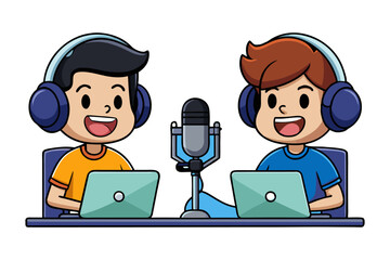 Podcast Duo: Two cartoon figures with headphones at a microphone, radiating excitement and energy, broadcasting and creating content.