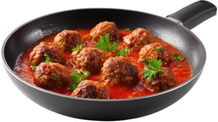 Meatballs with Tomato Sauce in Frying Pan on Transparent Background

