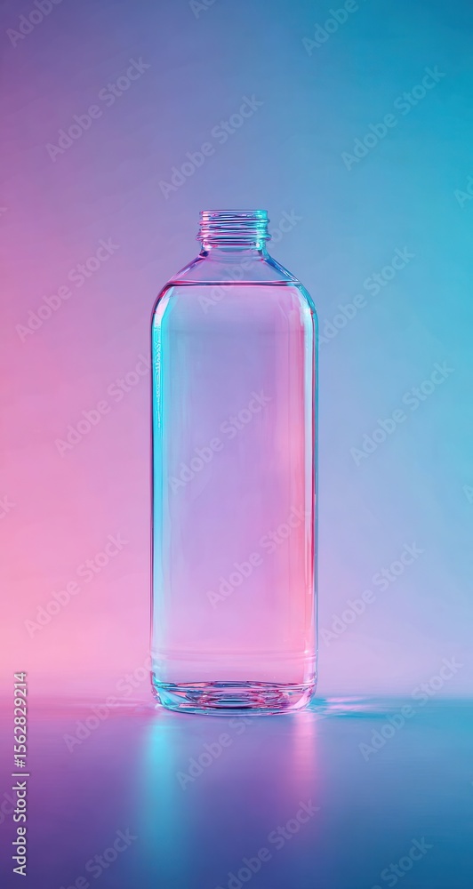Poster Transparent rectangular bottle on a gradient pink and blue background, illuminated with matching light, casting a subtle reflection