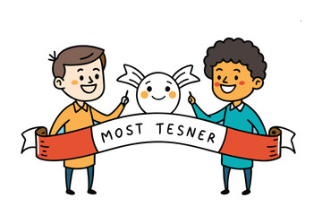 Most Tesner kids: Two cute children stand proudly either side of a banner reading Most Tesner next to a cheerful cartoon candy.